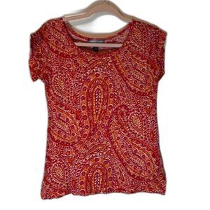 Lauren Ralph Lauren Petite Top S Pink Orange Paisley Cap Sleeve Bohochic Casual